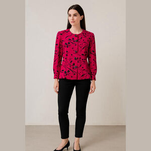 Vintage Chelsea Hot Pink Black Abstract Print Rayon Blouse Top Size 14 80s 90s